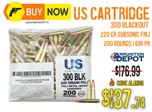 US Cartridge 300 Blackout 220gr Subsonic FMJ 200 Rounds &acirc; $137.74 w/ Code