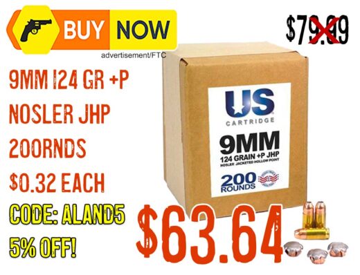 US Cartridge 9mm 124gr +P Nosler JHP for $63.64