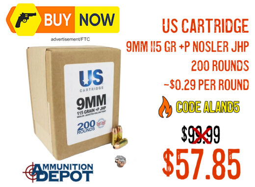 US Cartridge 9mm 115gr +P Nosler JHP &acirc; $57.85 w/ Code ALand5