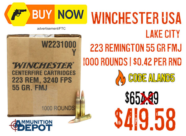 Winchester USA Lake City .223 Rem 55gr FMJ 1,000 Rounds – $419.58 Code ALand5