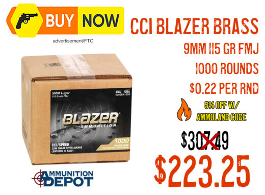 CCI Blazer Brass 9mm 115gr FMJ 1,000 Rounds &acirc; $223.25 w/ Code