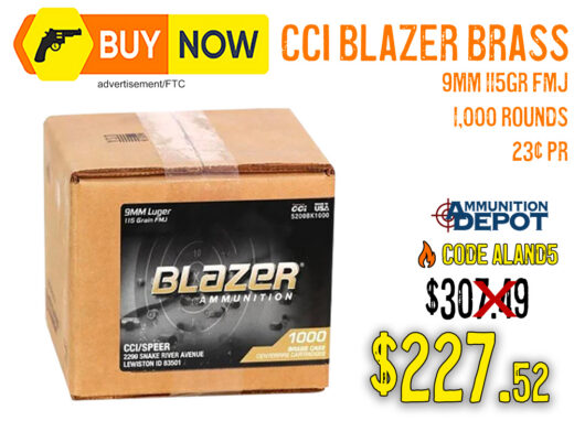 CCI Blazer Brass 9mm 115gr FMJ 1,000 Rounds &acirc; $227.52 w/ Code