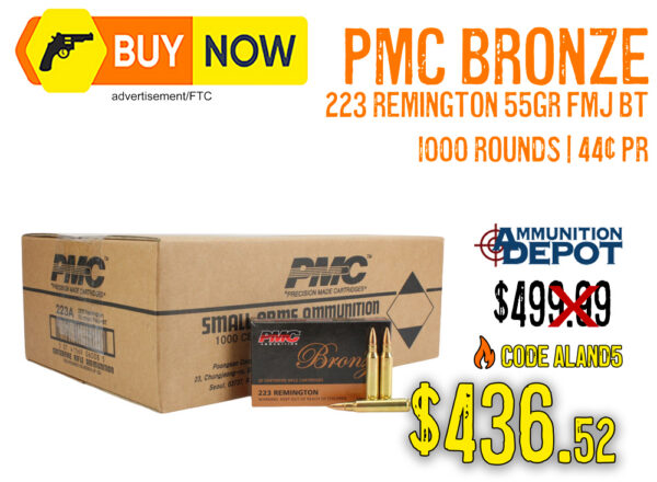 PMC Bronze .223 Rem 55gr FMJ BT 1,000 Rounds – $436.52 w/ Code
