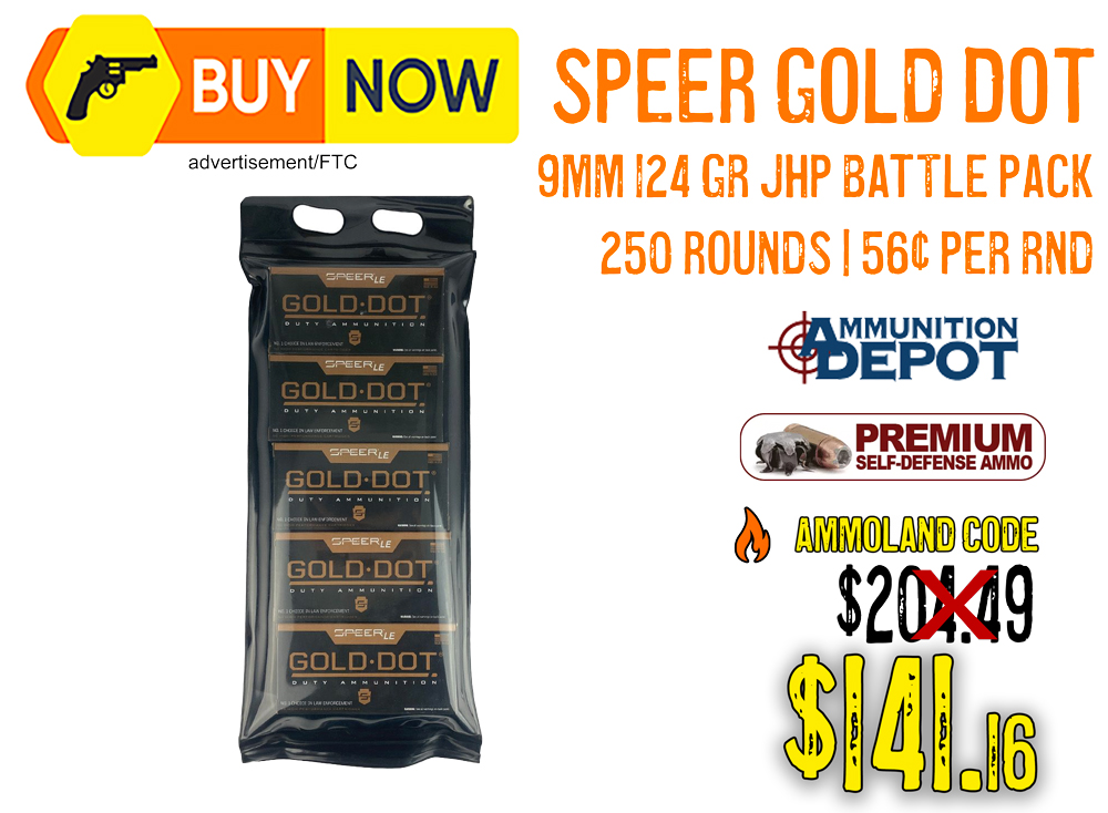 Speer Gold Dot 9mm 124gr JHP Battle Pack (250 Rounds) – $141.16 w/ Code