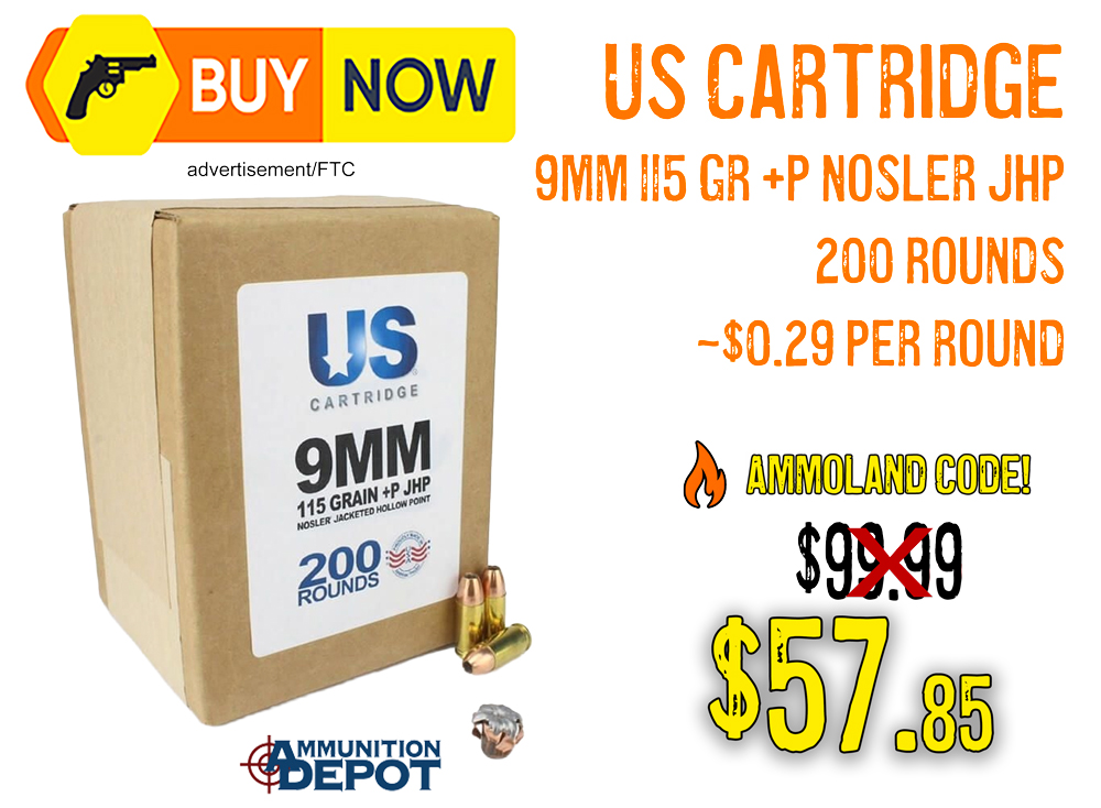 US Cartridge 9mm 115gr +P Nosler JHP — $57.85 w/ Code