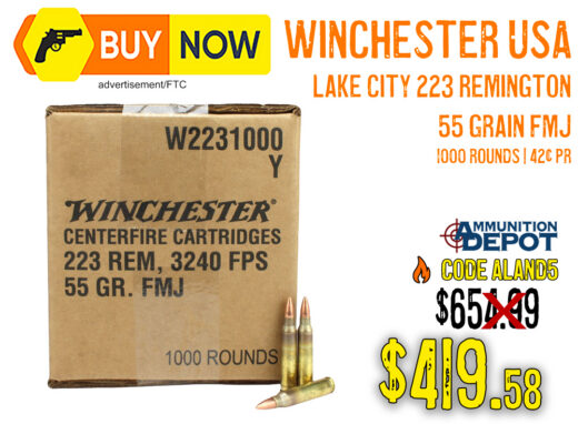 Winchester USA Lake City .223 Rem 55gr FMJ 1,000 Rounds &acirc; $419.58 w/ CODE