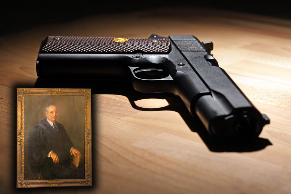 Handgun image licensed via iStock; portrait of Homer Stillé Cummings via U.S. Department of Justice.
