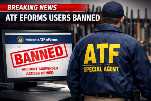 Breaking news graphic showing ATF eForms users banned with account suspended access denied message on screen