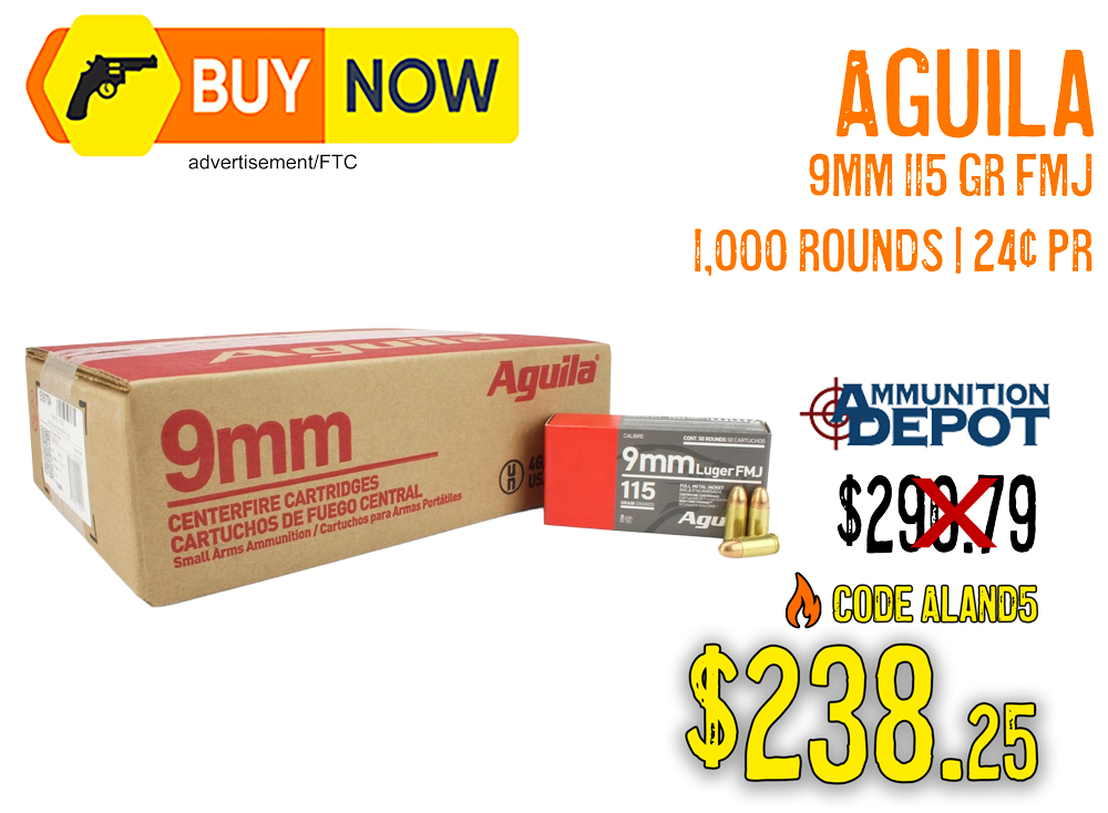 Aguila 9mm 115 Gr FMJ 1,000 Rounds – $238.25 With Code