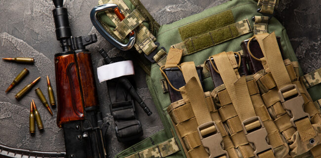 Body armor on a black marble table