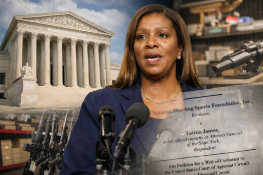 AI-generated illustration depicting New York Attorney General Letitia James, the U.S. Supreme Court, and the legal fight over PLCAA in NSSF v. James.