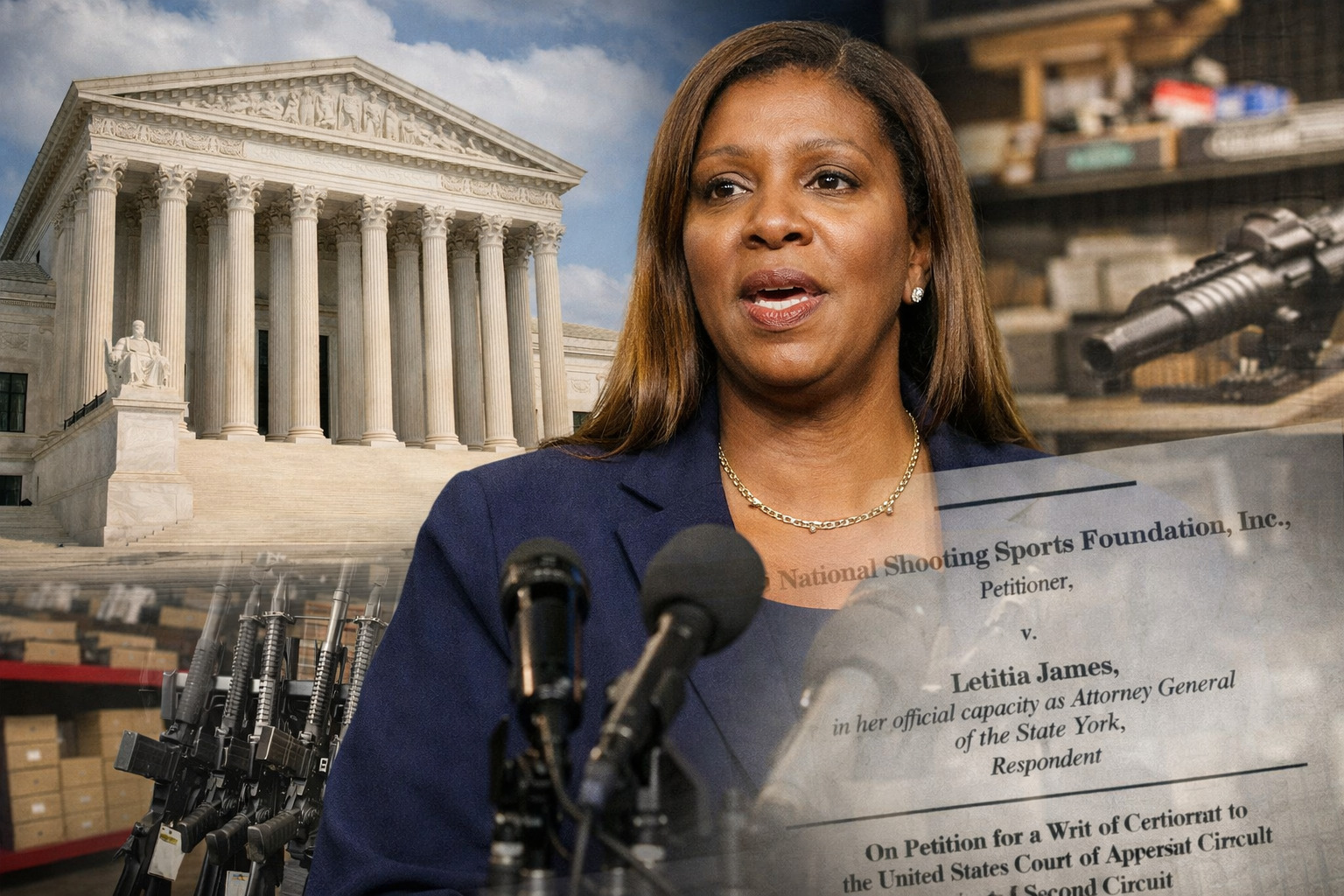 AI-generated illustration depicting New York Attorney General Letitia James, the U.S. Supreme Court, and the legal fight over PLCAA in NSSF v. James.