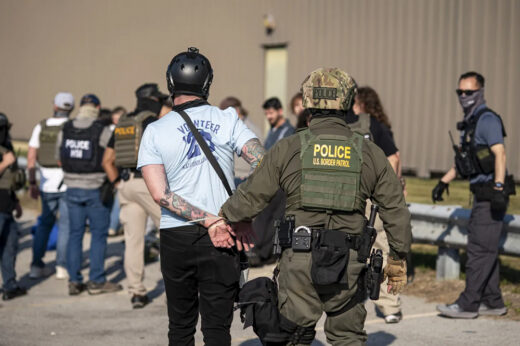 Secretary of Homeland Security Kristi Noem, not shown, visits with U.S. Immigration and Customs Enforcement officers at the ICE facility in Chicago to observe enforcement operations, Oct. 3, 2025. (DHS photo by Tia Dufour/Released)
