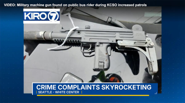 Screenshot from KIRO 7’s March 20 coverage showing the station’s original “military machine gun” framing.