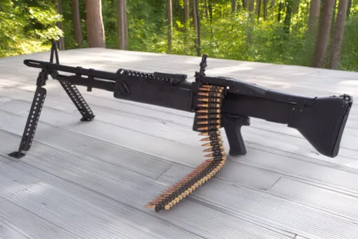 A belt-fed M60-style machine gun similar to the firearm referenced in the Eighth Circuit&acirc;s decision in United States v. Brad Wendt. The court overturned Wendt&acirc;s conviction for illegal machine gun possession while leaving fraud convictions intact. iStock-1019603648