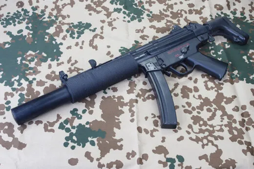 Heckler & Koch MP5 9mm machine gun illustrating the federal Hughes Amendment ban on post-1986 automatic firearms.
