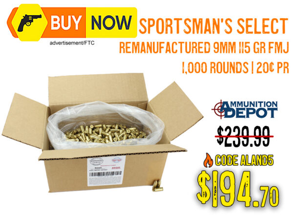 Sportsman's Select Remanufactured 9mm 115gr FMJ 1,000 Rounds – $194.70 w/ Code