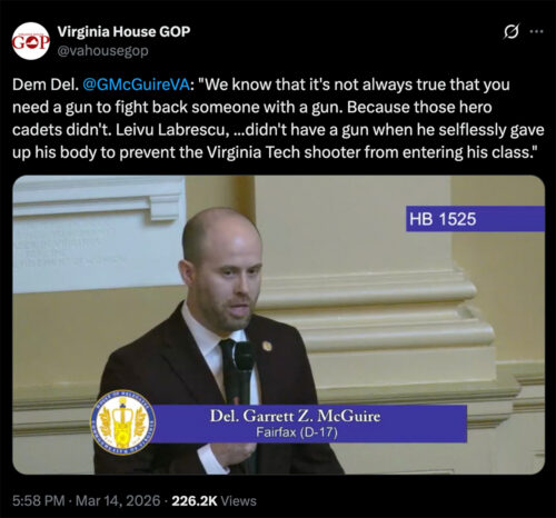 Virginia Democrat Says You Don’t Need a Gun to Fight a Gunman While Backing More Citizen Disarmament