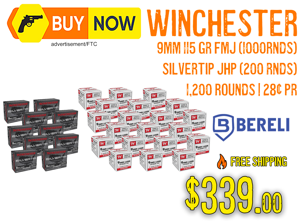 Winchester 9mm 115gr FMJ (1,000 Rounds) + 200 Rounds Silvertip JHP – $339