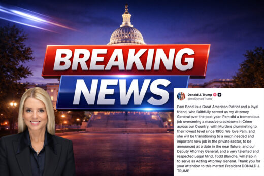 President Donald Trump removed Attorney General Pam Bondi and named Deputy Attorney General Todd Blanche as acting AG, putting the Justice Department under new leadership amid Epstein-related fallout. Image generated with AI, image of Pam Bondi from DOJ.