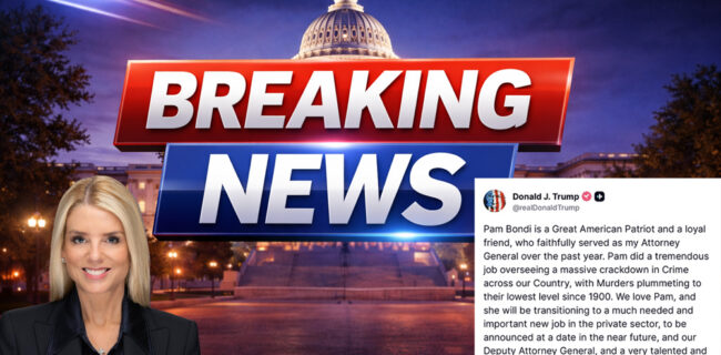 President Donald Trump removed Attorney General Pam Bondi and named Deputy Attorney General Todd Blanche as acting AG, putting the Justice Department under new leadership amid Epstein-related fallout. Image generated with AI, image of Pam Bondi from DOJ.