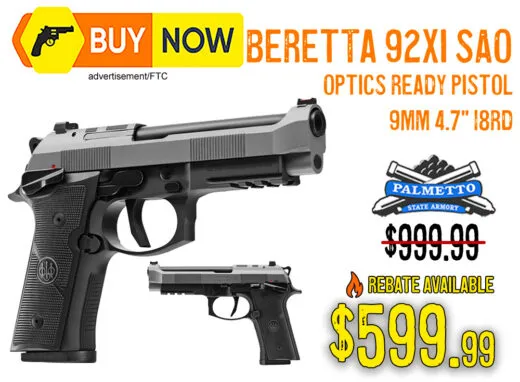Beretta 92XI SAO 9mm Pistol &acirc; $599.99 w/ Rebate Available
