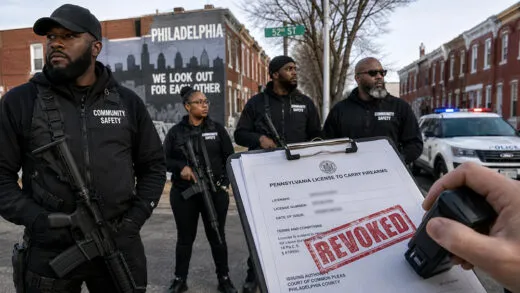 AI-generated image showing armed community patrol members on a Philadelphia street as a Pennsylvania license to carry firearms document is stamped &acirc;REVOKED.&acirc;