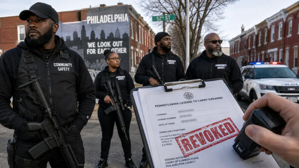 AI-generated image showing armed community patrol members on a Philadelphia street as a Pennsylvania license to carry firearms document is stamped “REVOKED.”