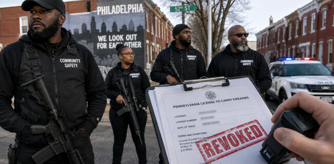 AI-generated image showing armed community patrol members on a Philadelphia street as a Pennsylvania license to carry firearms document is stamped “REVOKED.”