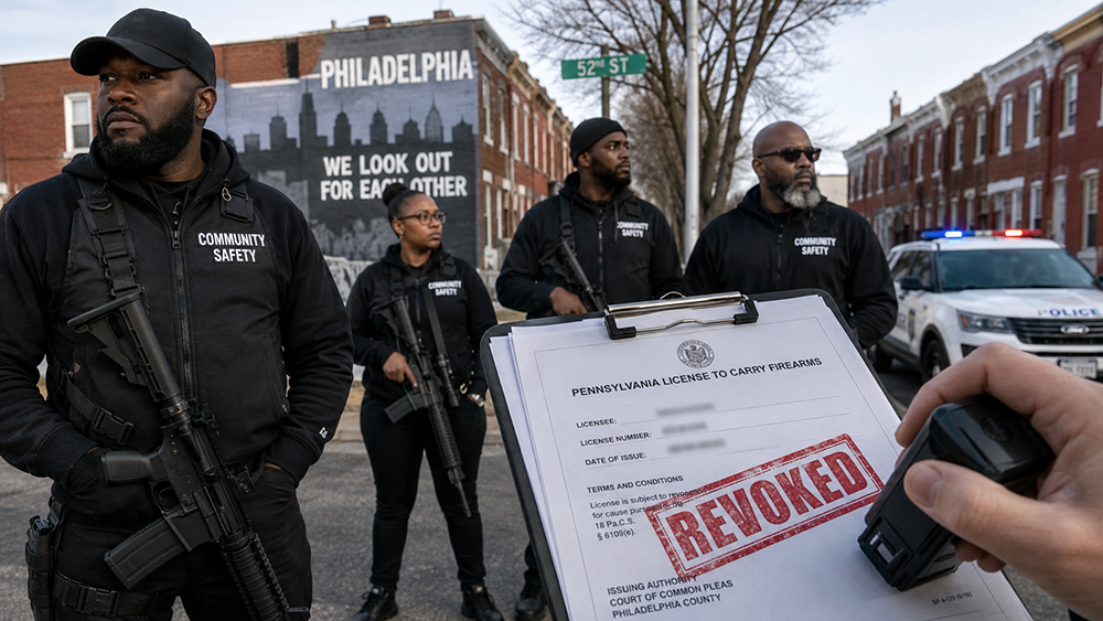 AI-generated image showing armed community patrol members on a Philadelphia street as a Pennsylvania license to carry firearms document is stamped “REVOKED.”