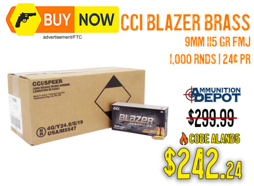 CCI Blazer Brass 9mm 115gr FMJ 1,000-Round Case &acirc; $242.24 w/ Code