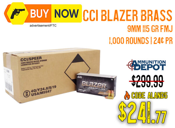 CCI Blazer Brass 9mm 115gr FMJ 1,000 Rounds – $241.77 w/ Code