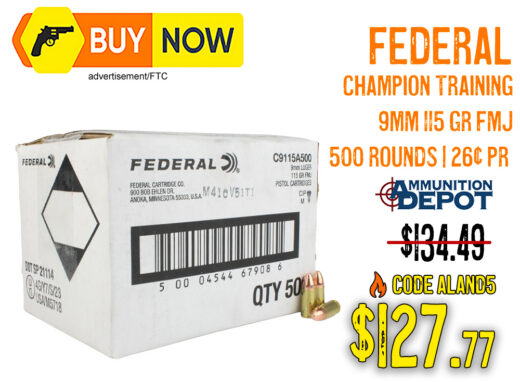 Federal Champion Training 9mm 115 Gr FMJ 500 Rounds &acirc; $127.77 w/ Code