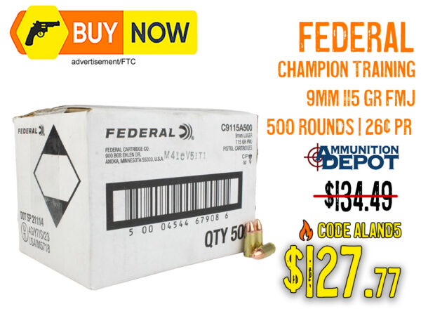 Federal Champion Training 9mm 115 Gr FMJ 500 Rounds – $127.77 w/ Code