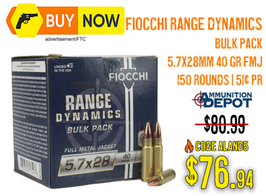 Fiocchi Range Dynamics 5.7x28mm 40gr FMJ Bulk Pack 150 Rounds &acirc; $76.94 w/ Code