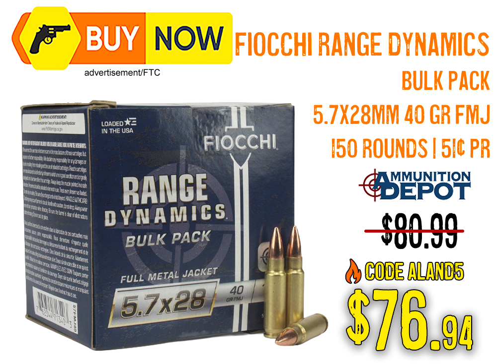 Fiocchi Range Dynamics 5.7x28mm 40gr FMJ Bulk Pack 150 Rounds – $76.94 w/ Code
