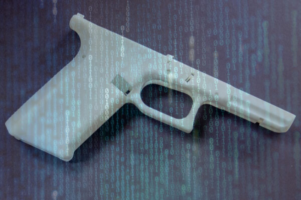 Unserialized firearm parts and a 3D printer representing the debate over ghost gun bans and Second Amendment rights.