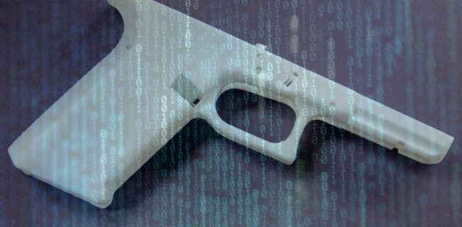 Unserialized firearm parts and a 3D printer representing the debate over ghost gun bans and Second Amendment rights.