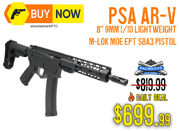 PSA AR-V 8” 9mm SBA3 Pistol: $699.99 — Save $120 Today