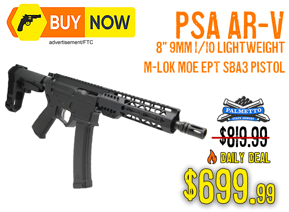 PSA AR-V 8” 9mm SBA3 Pistol: $699.99 — Save $120 Today