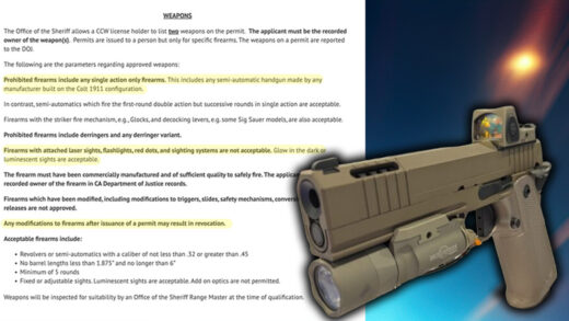 Modern 1911-style pistol with red dot and weapon-mounted light the SAF Contra Costa County CCW lawsuit