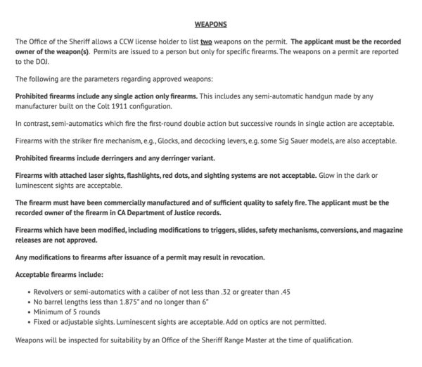 From Contra Costa County Sheriffs CCW Application INstructions, found on step five: Training, Weapons and Range Qualification tab.