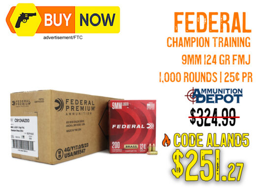 Federal Champion Training 9mm 124 Gr FMJ Ammo: 1,000 Rounds for Just $251.27 With Code ALand5 &acirc; Save 23% Today