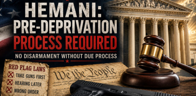AI-generated editorial illustration on due process, red flag laws, and the Supreme Court’s United States v. Hemani decision.