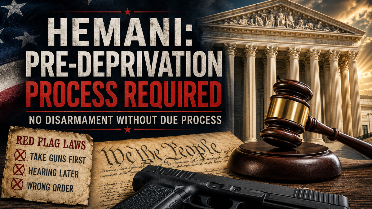 AI-generated editorial illustration on due process, red flag laws, and the Supreme Court’s United States v. Hemani decision.