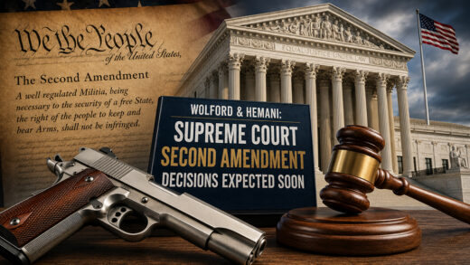 Supreme Court building with Second Amendment text, a 1911 pistol, and judge&acirc;s gavel representing the Wolford and Hemani gun rights cases.