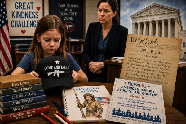 AI-generated illustration of a student holding a Come and Take It hat in a classroom with Supreme Court, Bill of Rights, and American Heroes art contest imagery.