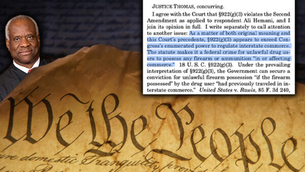 Justice Clarence Thomas and the Supreme Court representing his challenge to the constitutional basis of federal gun laws. iStock-2213578640