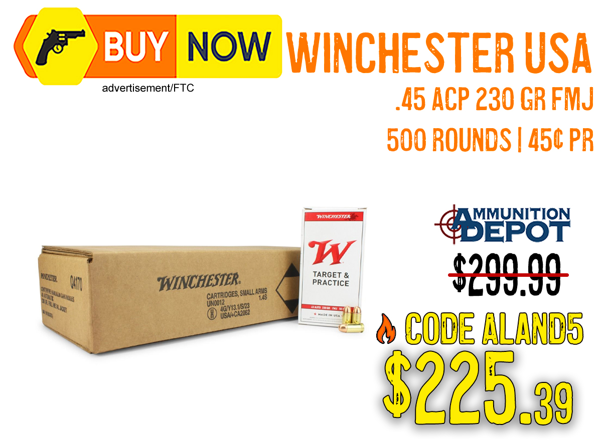 Winchester USA .45 ACP 230 Gr FMJ 500-Round Case — $225.39 With Code