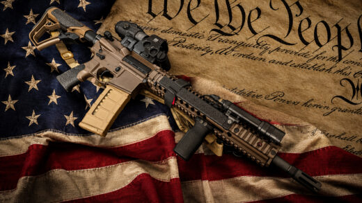 American flag, Constitution, and firearm silhouette representing America 250 and the Second Amendment